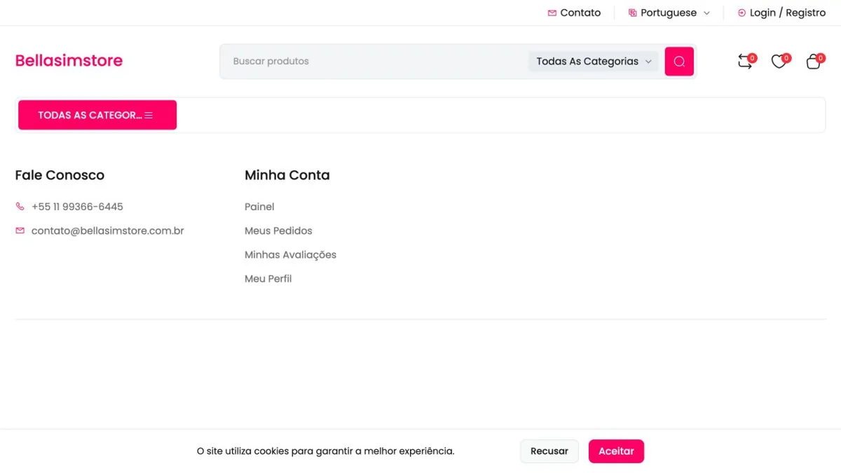 Captura da interface da loja Bellasimstore