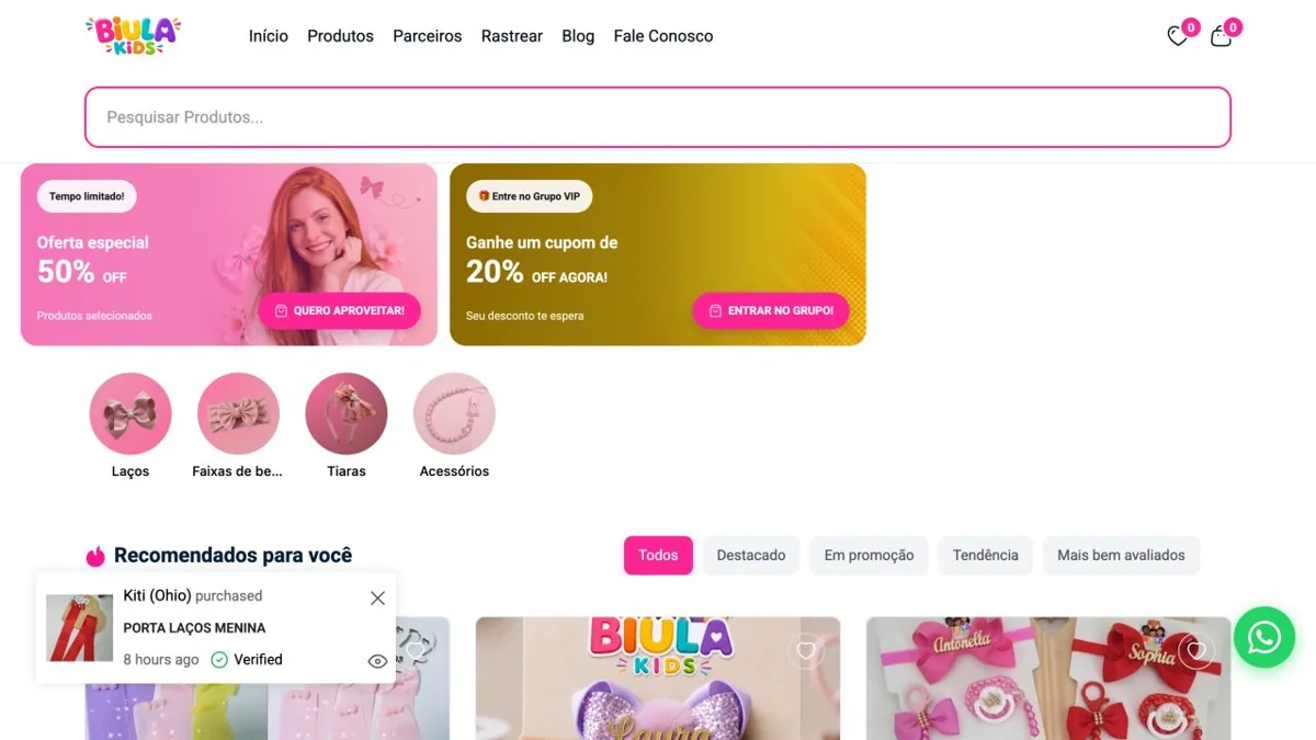 Captura da loja virtual Biula Kids, com acessórios infantis