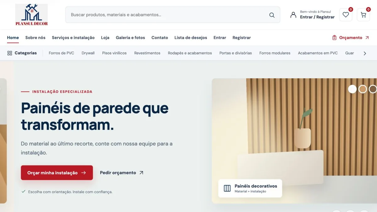 Captura do site Plansul Decor, com catálogo de materiais e serviços